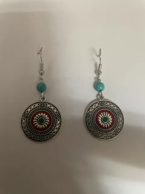 1 x Set Bohemian Style Tibetan Silver With Flower and Turqouise Earrings Y