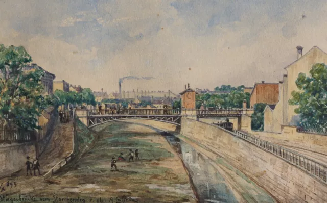 Alois Lahoda, Wien, Stiegerbrücke, Storchensteig, Aquarell, 1893