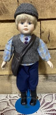 Marian Yu Porcelain Doll 16" Short Blonde Hair Blue Eyes With Stand