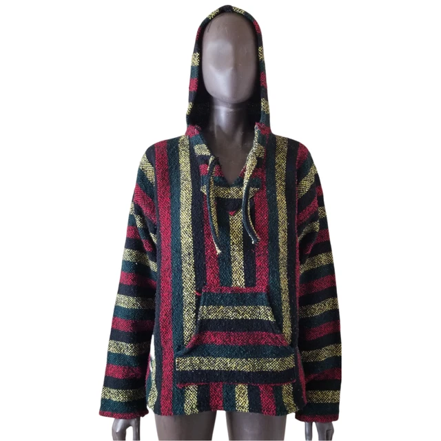 MEXICAN TEXTILES Sandy Unisex Baja Rasta Striped Drug Rug Pullover Hoodie Large