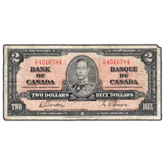 $2 1937 Bank of Canada Note Gordon-Towers S/B Prefix BC-22b - Missing Corner