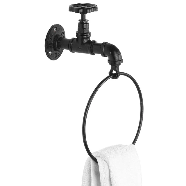 MyGift Wall Mounted Rustic Industrial Faucet Design Bath Black Metal Towel Ring