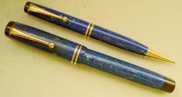 PARKER " DUOFOLD " SET ca. 1930 ! in LAPISLAZULI , 14 Kt. Goldnib ! FULL WORKING