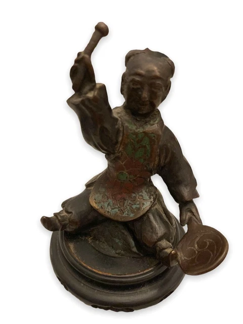 Antigua Pátina de Bronce Cloisonne Divertida Estatua Base Palo Asiático Rara Antigua 19