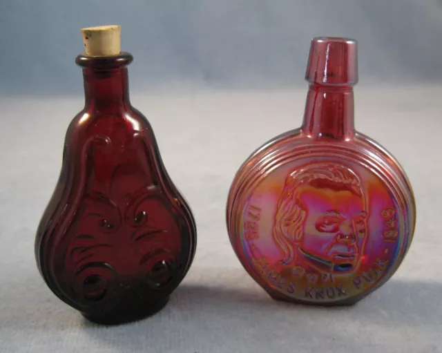 Vtg 2 WHEATON Glass Bottles-Miniatures- 1 James Polk-1 Red Swirl