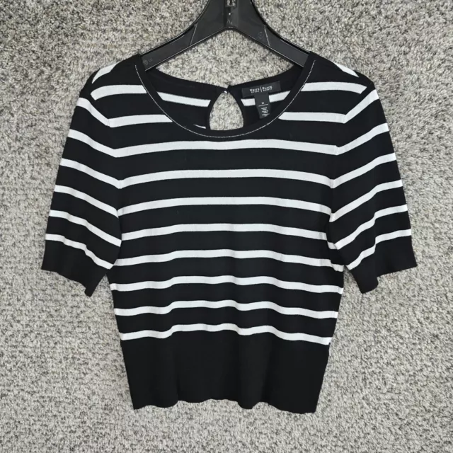 White House Black Market Top Womens Medium Black Striped Knit Rayon Nylon Ladies