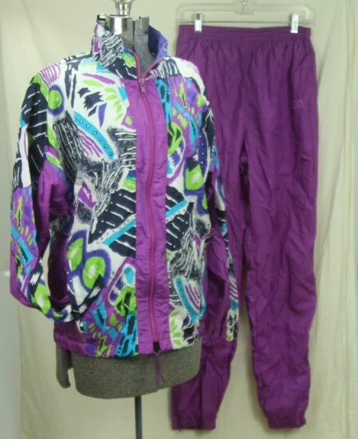 Vintage 90s Asics Tracksuit Womens Large Loud Print Purple Green Nylon