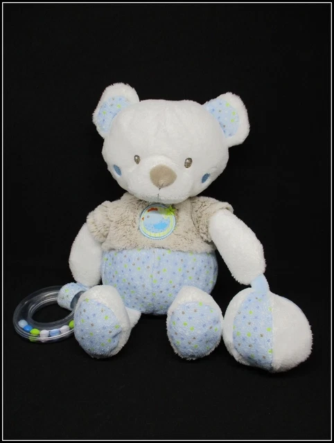 Doudou Peluche Ours Mots D'enfants - Bleu Blanc Beige - Balle & Anneau - TBE