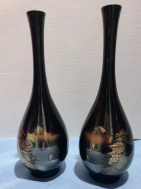 Mount Fuji Black Gold & Silver Etched Japanese Chokin Enamel Brass Bud Vases 8.5