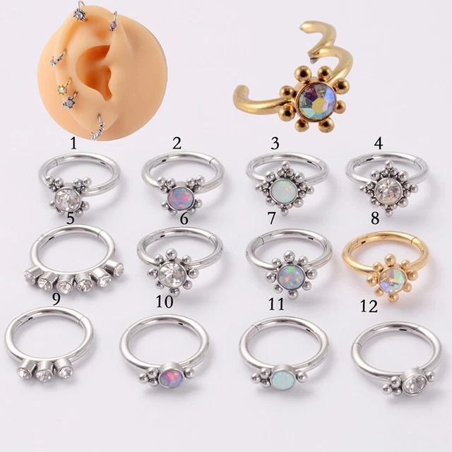 1PC Stainless Steel Opal Septum Clicker Nose Hoop Ring Ear Tragus Piercing RiSA