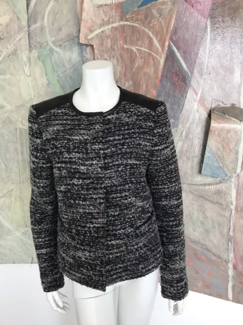 Ann Taylor Donna Bianco Nero Misto Lana Pelle Spalle Giacca Blazer Taglia 10