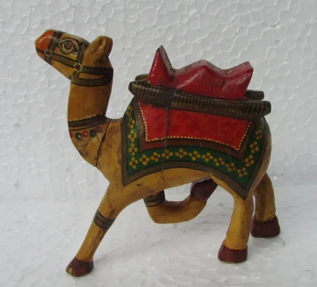 Vintage Old Hand Crafted Wooden Beautiful Painted Camel Figurine Statue