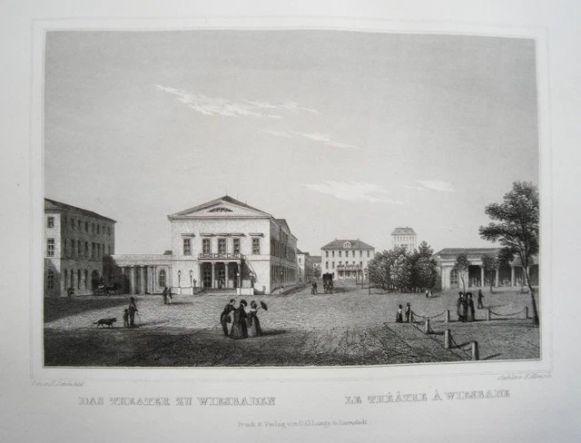 Wiesbaden Assia Theater Bellissimo Vero Vecchio Incisione Acciaio 1842