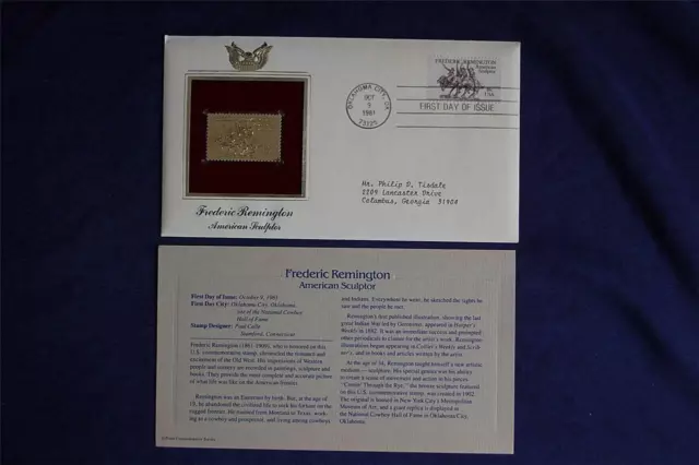 Timbre 18c Frederic Remington FDC AVEC réplique or 22K Sc#1934 sculpteur américain