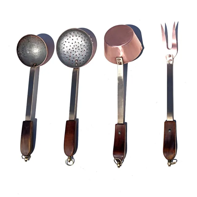 Vintage French Copper Brass Utensil Set Fork Strainer Pan Scoop 15inch Gift Idea