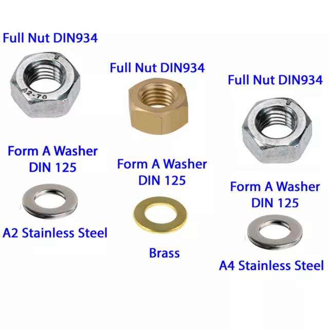 Hex Nuts And Form A Washers Stainless Steel and Brass Finish Sizes M2 - M10