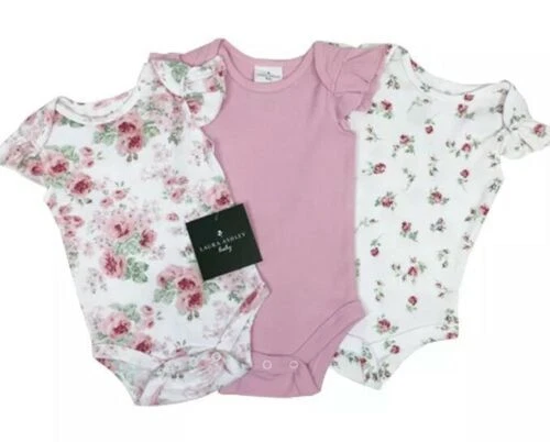 Laura Ashley Baby Girls cotton Bodysuits 3 Pack English Rose Floral.0-9mths