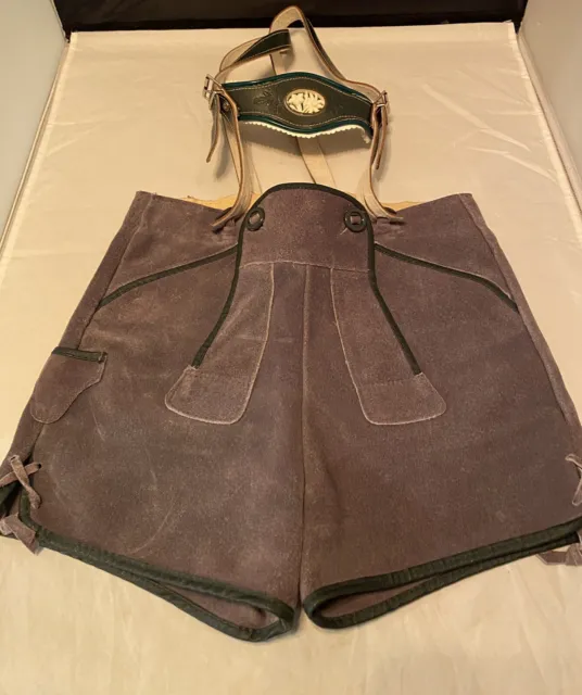 VTG Lederhosen Childrens Shorts Suspenders Gray Suede Green Leather EUC