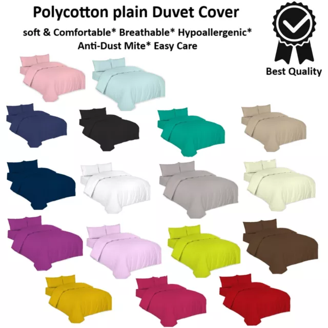 100%PolyCotton Plain Dyed Duvet Quilt Cover with Matching Pillowcase Bedding Set