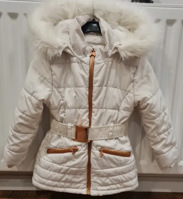 Ted Baker Girls Coat Age 4-5 Years Warm Winter Rose Gold & White With Belt