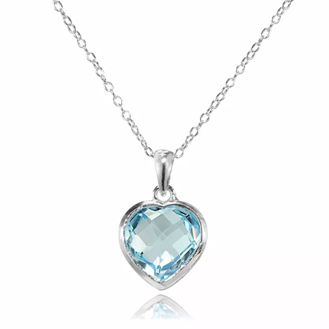 Argent Sterling Topaze Bleu 10mm Biseau- Ensemble Pendentif Coeur Collier