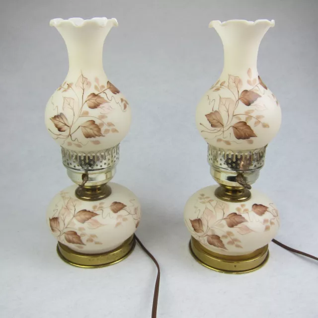 Vintage Hurricane Lamp Pair 2 Frosted White Glass Brown Floral Double Light RARE