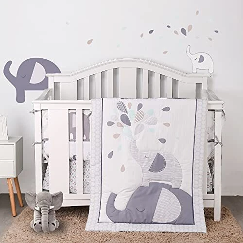 Jungle Elephant Crib Bedding Sets for Baby Boys and 4 PIECE White,grey