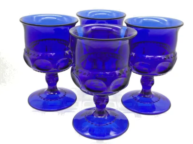 Set of 4 Vintage INDIANA GLASS Cobalt Blue Goblet Glasses Tiara Thumbprint