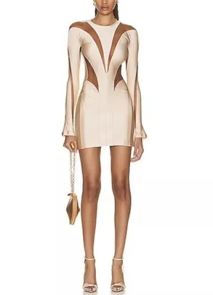 Mugler Long Sleeve Mini Dress In Powder/Nude $980 Size 34 XS