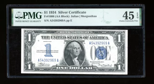 DBR 1934 $1 Silver Funnyback Fr. 1606 AA Block PMG 45 EPQ Serial A54392969A