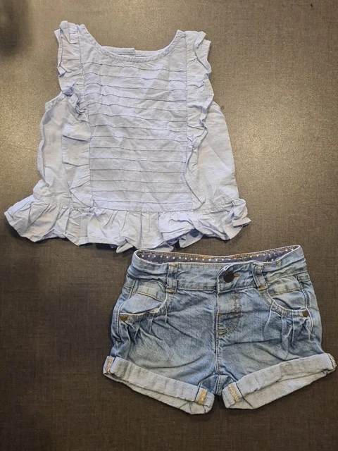 T-shirt camicetta fronzoli ragazza 12-18 mesi top pantaloncini denim set outfit pacchetto Next