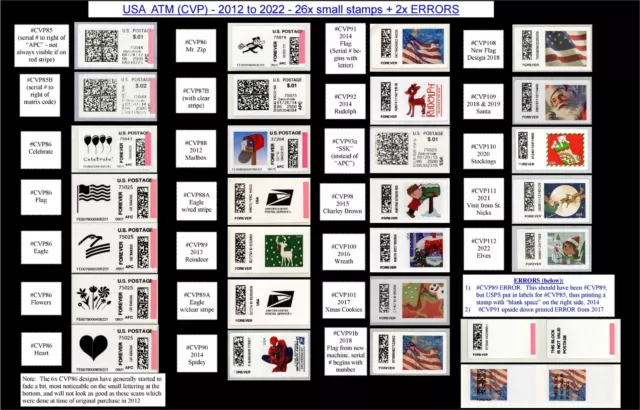 USA  APC / CVP / ATM - 26x different stamps (2012 to 2022 + 2x ERRORS)