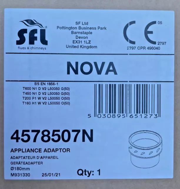 SFL Nova SM Twin Wall Chimney Flue Appliance Adaptor 180mm 4578507N BNIB