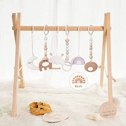 Baby Play Gym Foldable Play Gym Frame Activity Gym Wooden Baby Gym with 6 Toys