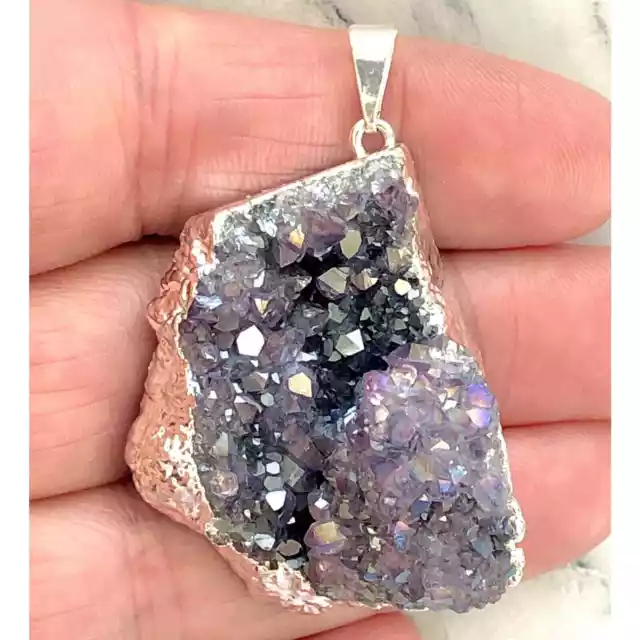 Angel Aura Amethyst Crystal Cluster Silver Pendant Healing Protection Birthstone