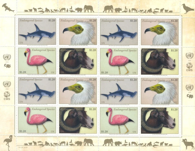 Uno New York - 2020 Gefährdete Arten Kleinbogen Tiere 1731-34 Flamingo Hai Geier