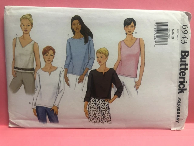 Butterick Pattern 6943 MISSES & PETITE TOP Sz 6-10 Slits V-Neck Notched New Vtg
