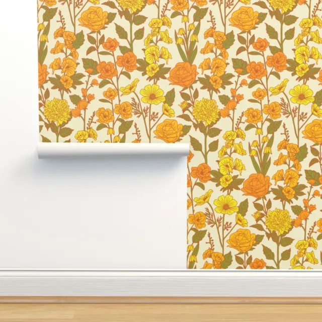 Removable Water-Activated Wallpaper Retro Floral Yellow Orange Green 1970S
