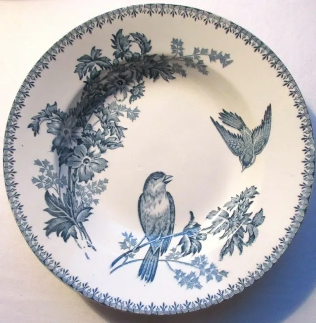 Belle assiette creuse Art Déco, LONGWY aux Oiseaux: Mésanges bleues