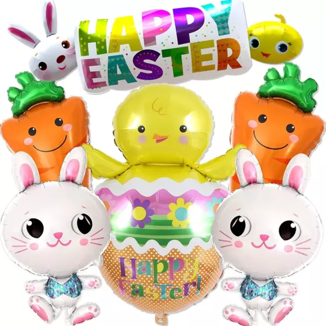 6PCS Large Happy Easter Balloons, Large Bunny Chicken Egg Shaped Mylar Balloons