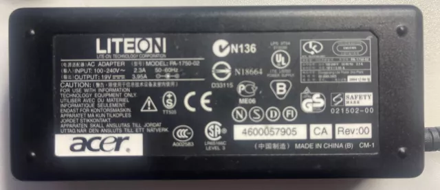 Acer/LITEON AC Charger/Adapter Genuine PA-1750-02 19V 3.95A (for Acer)