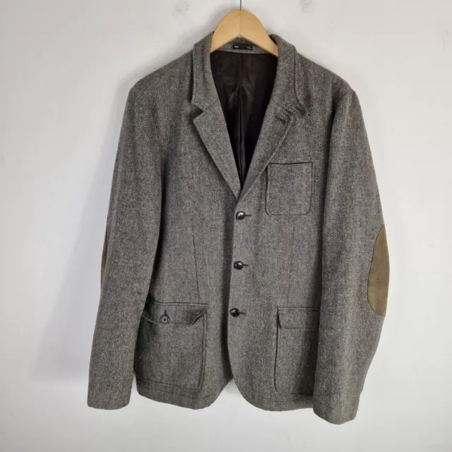 GAP MENS HERRINGBONE Tweed Jacket Size L Grey Wool Elbow Patches Chore ...