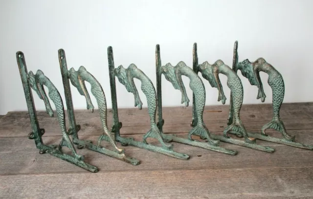 6 Cast Iron MERMAID Brackets Garden Braces Shelf Bracket Corbels Beach Nautical