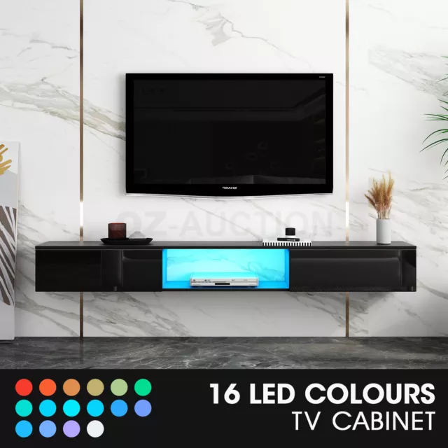 Wall Mounted TV Cabinet Black LED Entertainment Unit Floating Stand Console 2