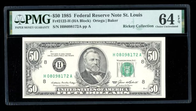 DBR 1985 $50 FRN St. Louis Fr. 2122-H PMG 64 EPQ Serial H08098172A