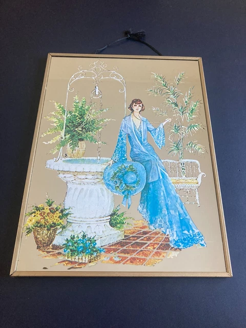 Miroir Sérigraphie Vintage 33 X 25 Cm - Motif Femme Nue Pin-up érotique Marguerite - Cadre Pin Marron Années 80
