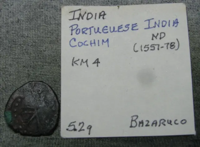India Cochim Portuguese Rare ND 1557-78 Coin L@@K 1 Bazaruco ---- #129X