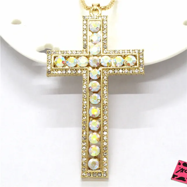 New Betsey Johnson AB White Prayer Cross Bling Crystal Pendant Chain Necklace