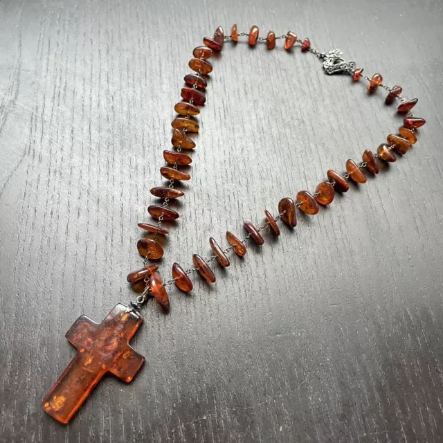Vintage Natural Amber Carved Cross Pendant Rosary Necklace Sterling Silver Clasp