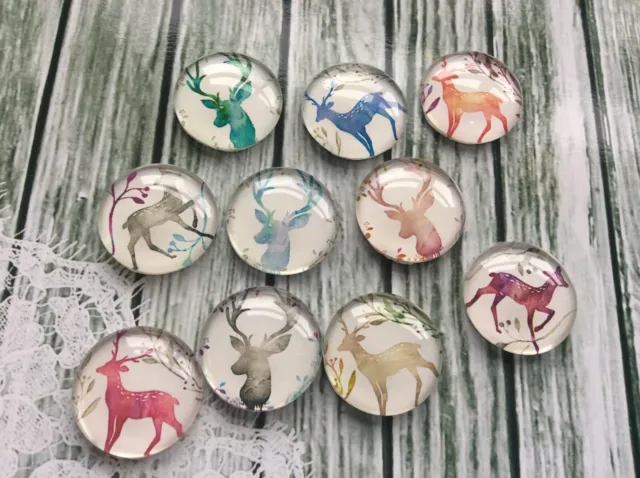 10 Stag Head Doe Deer Cabochons 16-25mm Mixed Round Glass Dome Seal Flat Back